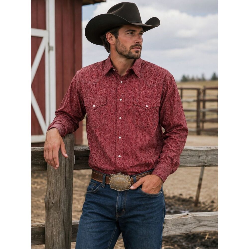 Roper shirt Men’s size Medium red Burgandy Paisley Western Pearl Snap Long Sleev